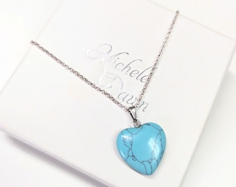 Turquoise heart pendant necklace,  sterling silver chain. Howlite turquoise necklace. Special gift for her. Blue jewellery.