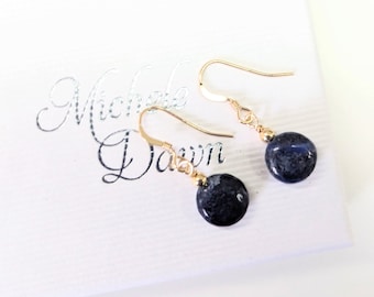 Blue lapis lazuli coin drop earrings. Sterling silver or 14k gold filled earrings. Rich blue lapis lazuli gemstone jewellery. Gift for her