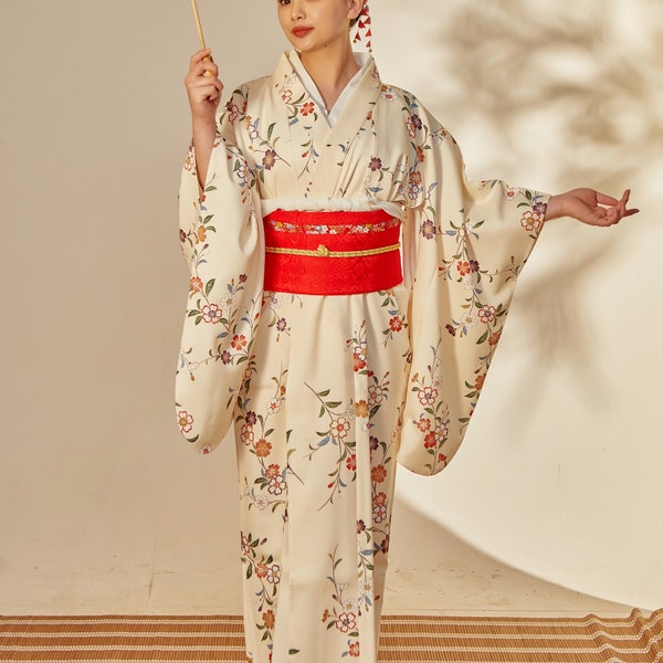 Kimono japonais lavable avec ceinture obi, kimono à fleurs, yukata japonais, kimono furisode