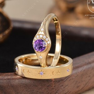 Vintage Amethyst Couples Ring Set His And Hers Wedding Rings Engraved Moon Star Bands Vintage Celestial Rings For Men & Women Promise Gift