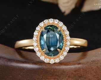 Vintage Natural Teal Sapphire Engagement Ring Antique Halo Diamond Blue Green Sapphire Wedding Ring Yellow Gold Milgrain Birthstone Promise