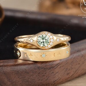 Unique Green Sapphire Couples Ring Set His And Hers Wedding Rings Engraved Moon Star Band Vintage Moissanite Gold Rings For Men & Women Gift