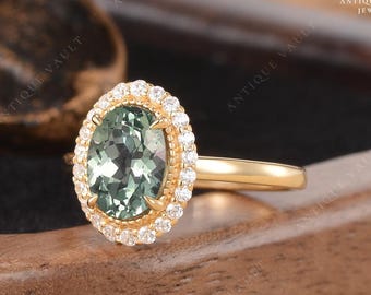 Vintage Oval Cut Green Sapphire Engagement Ring Unique Halo Moissanite Bridal Ring Yellow Gold Milgrain Antique Jewelry Promise Women Gift