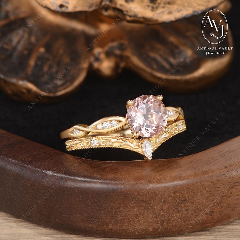 Vintage Round Morganite Engagement Ring Set Twist Vine Leaf Engraved Vintage Round Morganite Engagement Ring Set Twist Vine Leaf Engraved