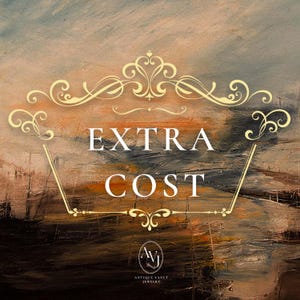 May include: An abstract painting with a textured, multi-colored background in shades of brown, orange, and gray. The words "EXTRA COST" are displayed in white, framed by ornate gold embellishments. The logo for "Antique Vault Jewelry" is at the bottom.