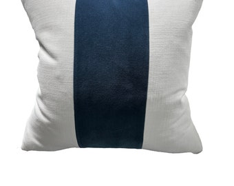 Handmade Belgian Linen Pillow, White with Blue Velvet Center