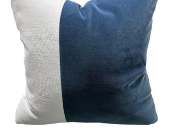 Handmade Belgian Linen Pillow, White & Blue Velvet Accent