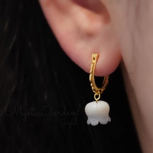 Mother of Pearl Tulip Earrings, Sterling Silver Floral Huggies