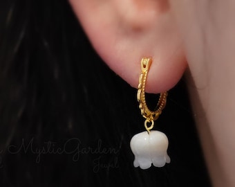 Pendientes de tulipán de nácar, pendientes de aro florales de plata de ley