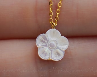 Carved Mother of Pearl Cherry Blossom Necklace, Sterling Silver, Gold Plated