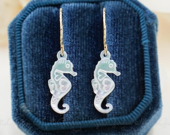 Zeepaardoorbellen, gesneden parelmoer, sterlingzilveren ring, Sealife-sieraden