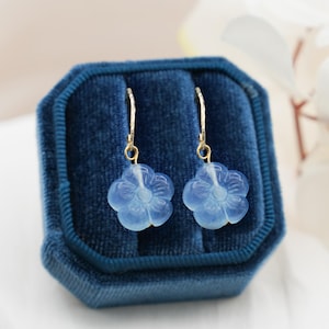 Hand Carved Natural Aquamarine Flower Stud Earrings and Necklace in Sterling Silver, Rose Flower Earrings, March Birthstone