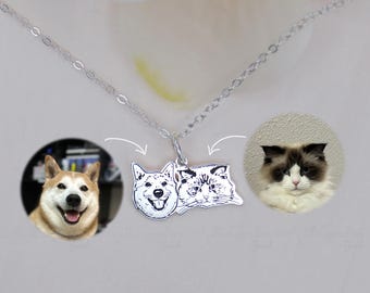 Collar personalizado con dos retratos de mascotas, plata de ley, conmemorativo personalizado para gato y perro