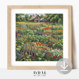 Puede incluir: Impresión enmarcada de una escena de jardín vibrante con un granero rústico al fondo. La obra presenta una variedad de flores coloridas, verduras y una valla de madera desgastada. El marco es de color madera clara.
