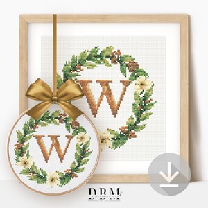 Padrão de ponto cruz com monograma de guirlanda de Natal com letra W | Guia em PDF | Download digital | Arte de parede em ponto cruz | Ponto cruz para iniciantes