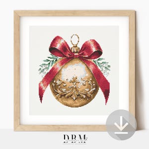 Patrón de punto de cruz de adorno navideño / Rojo y dorado / Decoración de pared / Descarga instantánea en PDF