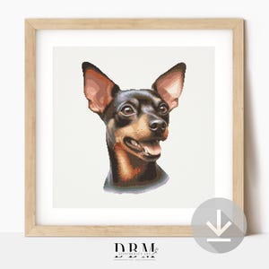 May include: A framed print of a Miniature Pinscher dog, with a black and tan coat and its tongue visible. The artwork is set against a white background, and the frame is a light wood colour. The dog's portrait is detailed.