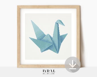 Kruissteekpatroon origami kraanvogel | Muurkunst kinderkamer | Directe pdf-download