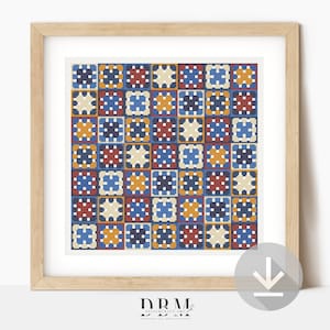 May include: A framed print featuring a colorful, geometric pattern. The design is composed of squares in shades of blue, red, yellow, and cream, creating a patchwork effect. The artwork is displayed in a light wood frame.