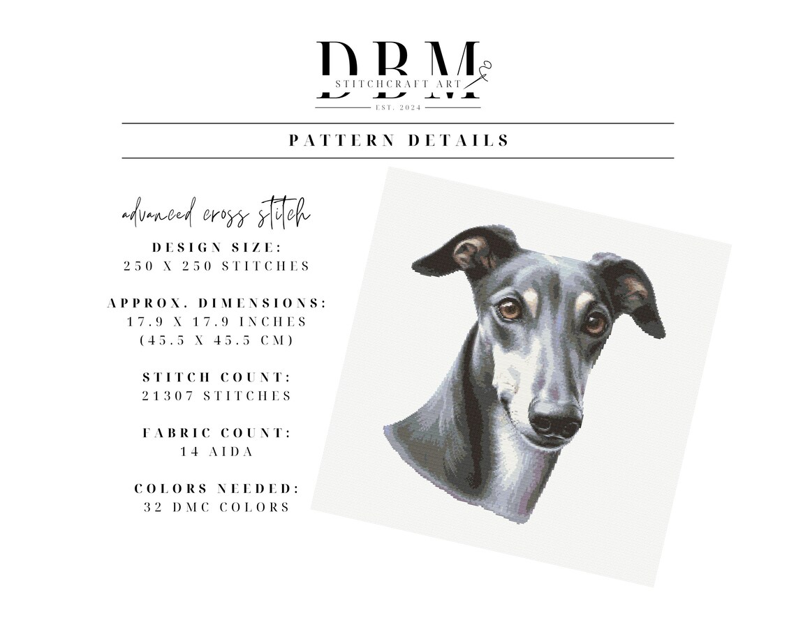 Greyhound Pattern Design Greyhound Cross Stitch Pattern | Dog Portrait Wall Art | Instant PDF ...
