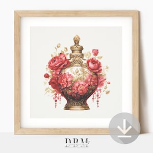 Vintage Rose Perfume Cross Stitch Pattern | PDF Guide | Digital Download | Valentine&#39;s Cross Stitch Wall Art | Advanced Cross Stitch