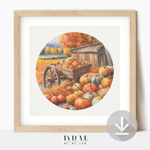 Patrón de punto de cruz de otoño / Cosecha de calabazas / Guía en PDF / Descarga digital / Arte rústico de punto de cruz para pared / Punto de cruz intermedio