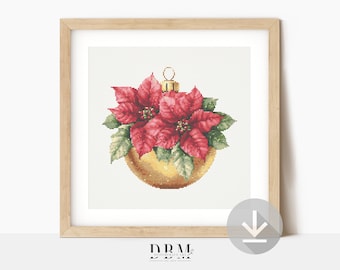 Christmas Bauble Cross Stitch Pattern | Red Poinsettia Bauble | Ornament Wall Art | Instant PDF Download