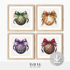 May include: Four framed prints of Christmas ornaments. Each ornament has a different color scheme: green, gold, purple, and red. Each ornament is decorated with a bow and intricate patterns, perfect for holiday decor.