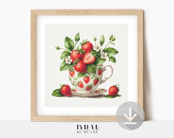 Patrón de punto de cruz de taza de té con fresas florales / Arte mural botánico / Descarga instantánea en PDF
