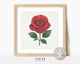 Single rote Rose Kreuzstichmuster | Valentinstag Wandkunst | Sofort PDF Download