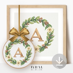 Padrão de ponto cruz com monograma de guirlanda de Natal com letra A | Guia em PDF | Download digital | Arte de parede em ponto cruz | Ponto cruz para iniciantes