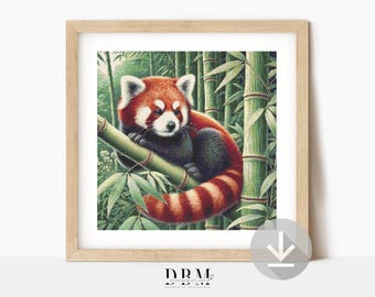 Schema per punto croce del panda rosso / Quadro con animali selvatici della foresta di bambù / Download PDF immediato