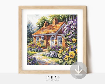Pansy Cottage Cross Stitch Pattern | Spring Garden | PDF Guide | Digital Download