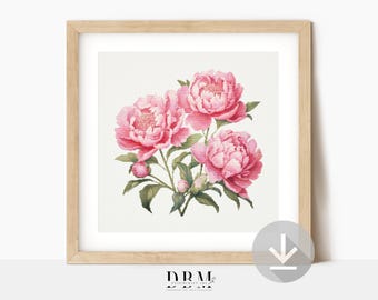 Pink Peonies Cross Stitch Pattern | Botanical Wall Art | Instant PDF Download