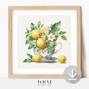 Gráfico de Ponto Cruz de Xícara de Chá de Limão Floral | Arte de Parede Botânica | Download Instantâneo em PDF