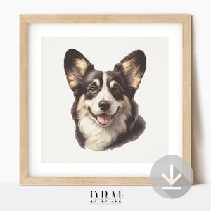 Könnte beinhalten: Ein gerahmter Druck mit einer Aquarellillustration eines Pembroke Welsh Corgi-Hundes. Der Hund hat schwarzes, weißes und braunes Fell, einen fröhlichen Gesichtsausdruck und seine Zunge ist leicht sichtbar. Der Rahmen ist hellbraun.