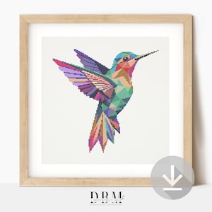 Geometric Hummingbird Cross Stitch Pattern | Colorful Bird | PDF Guide | Digital Download