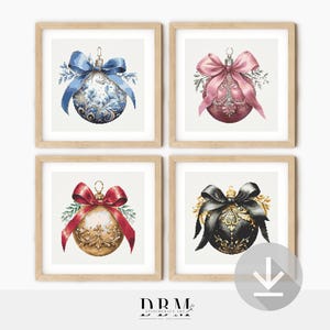May include: Four framed watercolour prints of Christmas baubles. Each bauble has a different design and colour scheme, including blue, pink, gold, and black. Each bauble is adorned with a decorative bow against a white background.