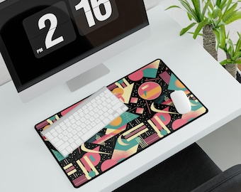 Schreibtischunterlage Retro Memphis Space 60 x 35 cm (23,6 x 13,8 Zoll) Geometrisches Gaming-Pad im 80er-Jahre-Stil, auffällige Synthwave-Arbeitsplatzdekoration, verlängertes Mauspad