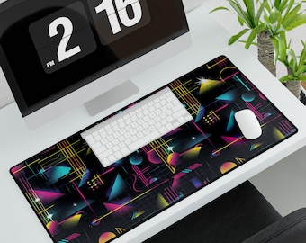 Retro-Synthwave-Schreibtischunterlage mit Neon-Geometrie, extragroßes Mauspad, 80er-Jahre-Gaming-Bürodeko, Geschenk für Sie und Ihn