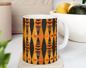 Tasse mit afrikanischem Stammesmuster | Keramik, orange, schwarz, gelb