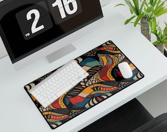 Schreibtischunterlage mit abstraktem Tribal-Wellenmuster, erdigem organischem Design, Gaming-Pad im Boho-Stil, Arbeitsplatzdekoration, verlängertes Mauspad
