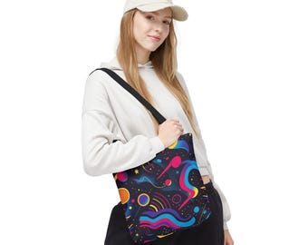 Tragetasche mit Neon-Weltraummuster, auffälliges kosmisches Design, 13 x 13 cm, farbenfrohe Galaxie, Geschenkidee für Sie, ästhetische Einkaufstasche