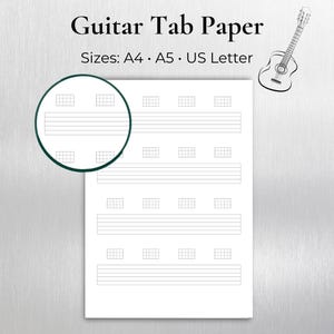 May include: A white sheet of guitar tab paper featuring rows of staff lines and chord diagrams. The text reads Guitar Tab Paper and Sizes: A4, A5, US Letter. A small line drawing of an acoustic guitar is included, along with a circular magnification.