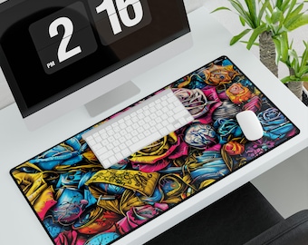 Schreibtischunterlage mit Graffiti-Rosen und Vögeln, auffällige Streetart, extragroßes Mauspad, urbanes Gaming-Arbeitsplatz-Dekor, Geschenk