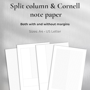Pode incluir: Papel de notas branco com layouts de coluna dividida e Cornell, com e sem margens. O texto diz: Split column & Cornell note paper, Both with and without margins, Sizes: A4 · US Letter. Quatro folhas de papel são exibidas na imagem.