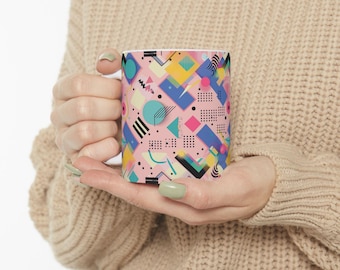 Retro-Kaffeebecher im 80er-Jahre-Stil mit geometrischem Muster, abstraktem Memphis-Muster, farbenfrohes Geschenk für Sie und Ihn