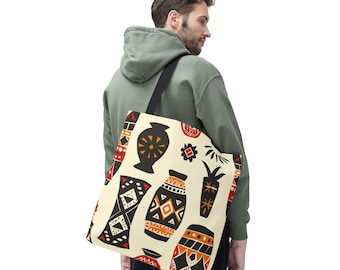 Tragetasche mit Ethno-Keramikmuster im Boho-Stil, Schultertasche aus Canvas mit Vasenmotiv, Geschenkidee für Sie und Ihn