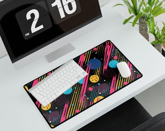 Schreibtischunterlage mit Retro-Neonplaneten-Motiv | Weltraum-Mauspad, Vaporwave-Gaming-Schreibtischunterlage