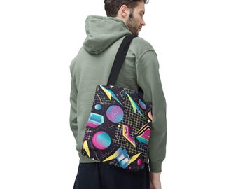 Retro-Synthwave-Tragetasche, Neon-Geometrie, 13x13 cm, Canvas-Tasche, 80er-Jahre-Gaming-Geschenk für Sie und Ihn